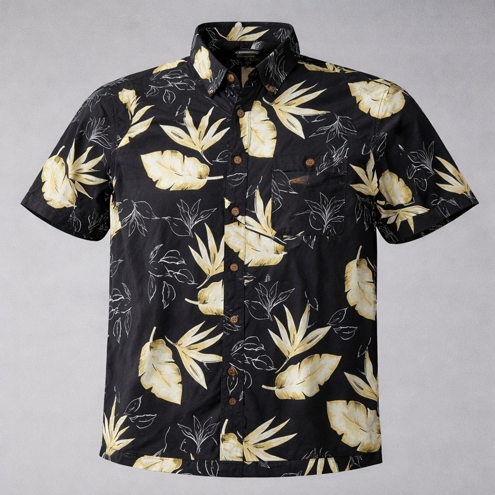 Knightsbridge Tropical Shirt Mens Large Black Yellow Floral Rayon Button Front‎
